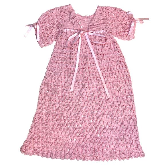 Light Pink Handcrafted Crochet Ribbon Bow Button Christening Gown Formal Dress - Picture 1 of 8